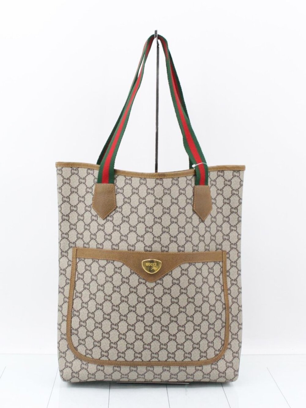 Gucci Beige Monogram Canvas Tote with Green and Red Web Straps